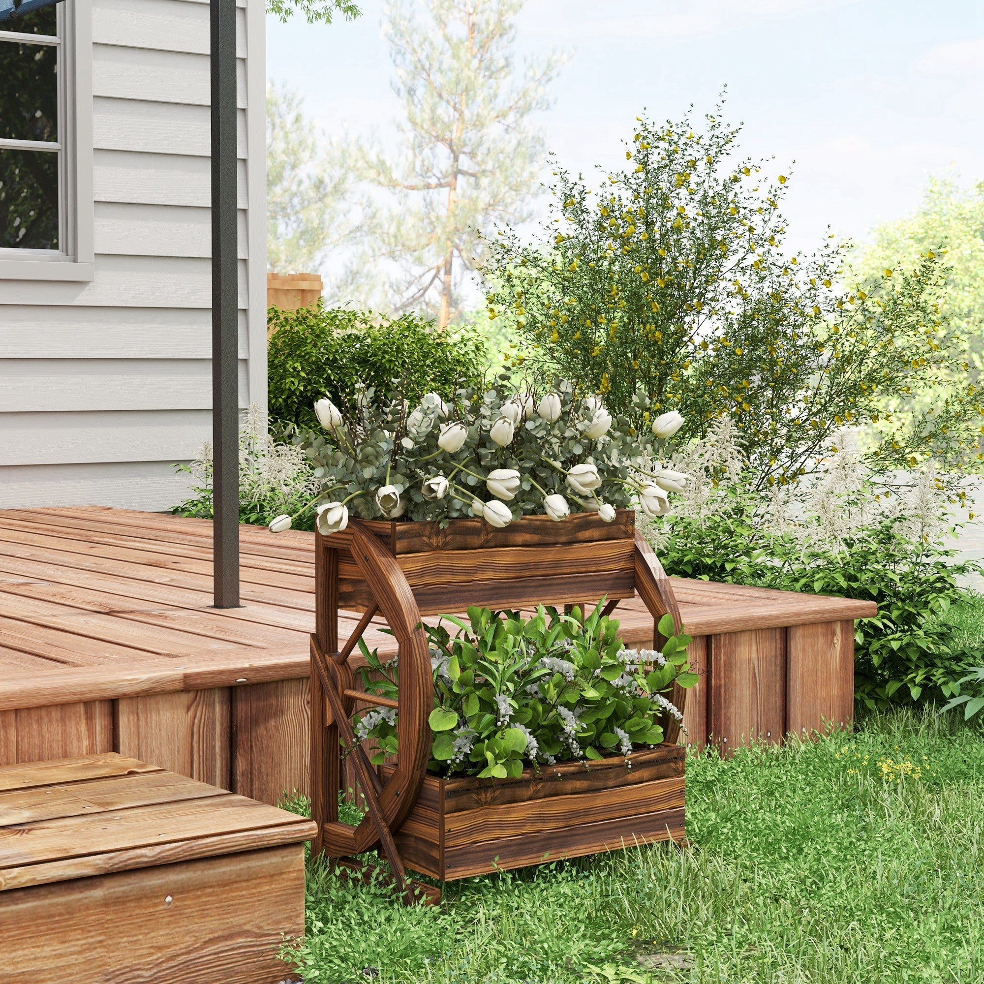Outsunny Rustic Wooden Wagon Planter Box 2-Tier Elevated Garden Bed for Vegetables Flowers Herbs Outdoor Decor 