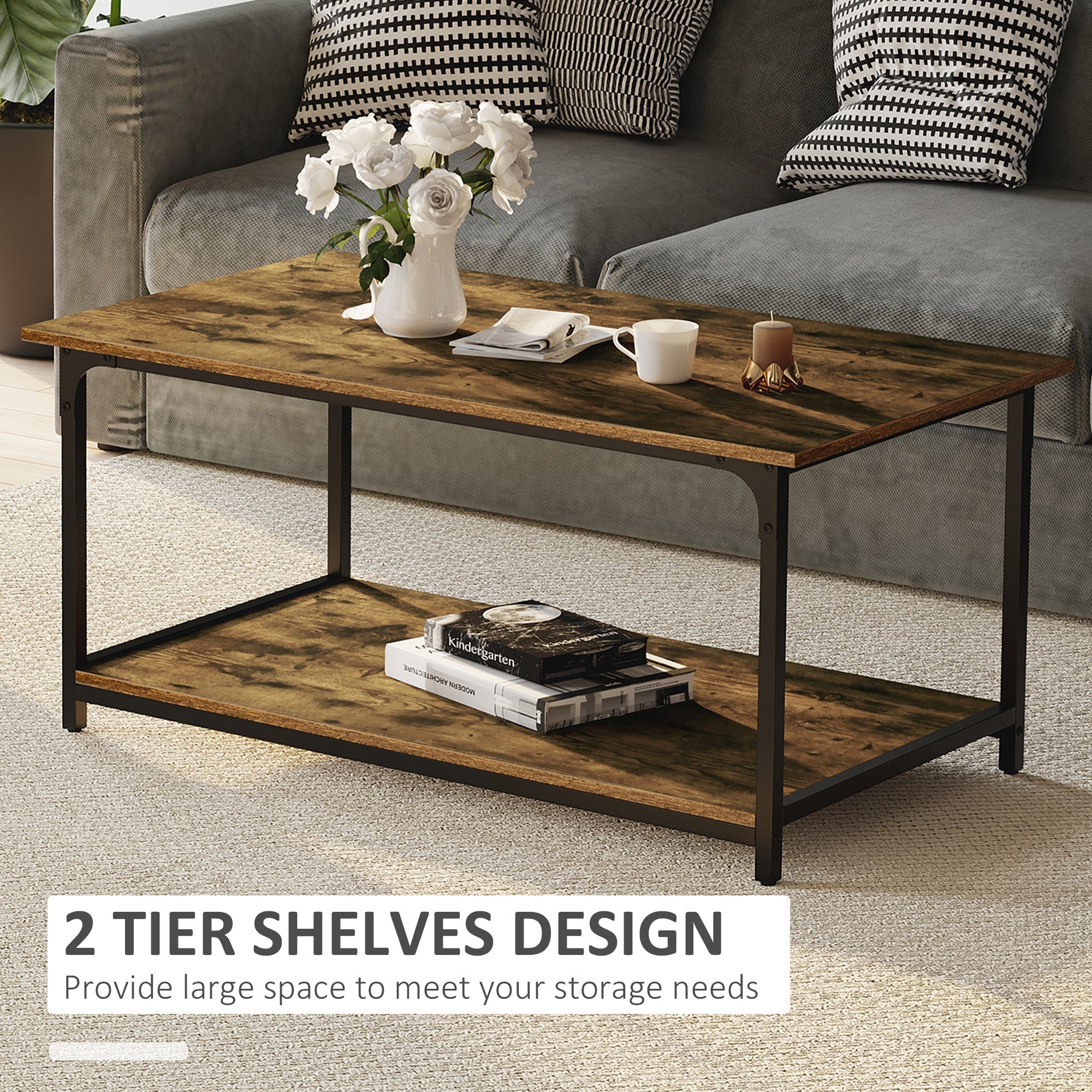 HOMCOM Rustic Brown Industrial Coffee Table: 2-Tier Center Table with Storage Shelf for Living Room 