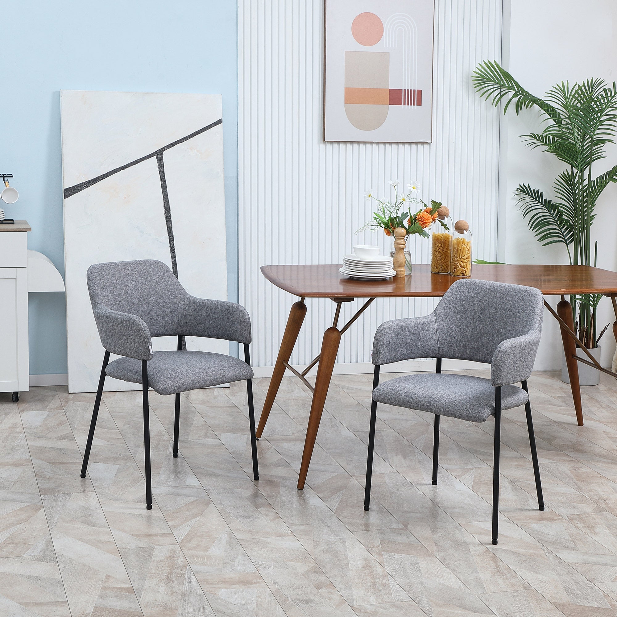 HOMCOM Modern Dining Chairs Set of 2 Linen Touch Fabric Accent Chairs with Armrests Steel Legs for Kitchen Stylish Comfortable Seating 