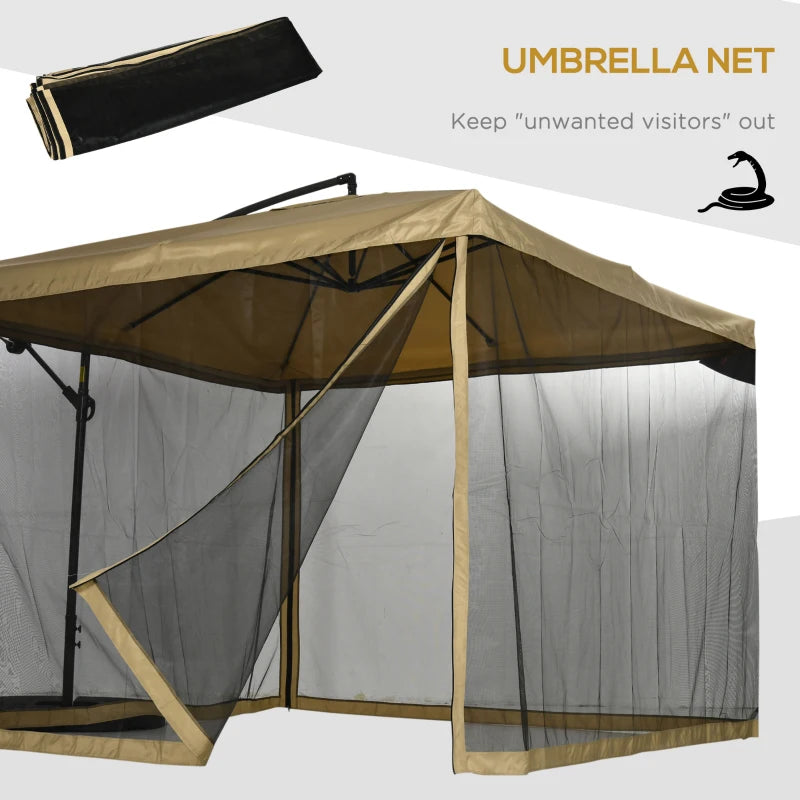 Offset Patio Umbrella with Net and Umbrella Base, Adjustable Cantilever Canopy with Cross Base, Weight Plates and 8 Ribs for Backyard, Poolside, Garden, Beige