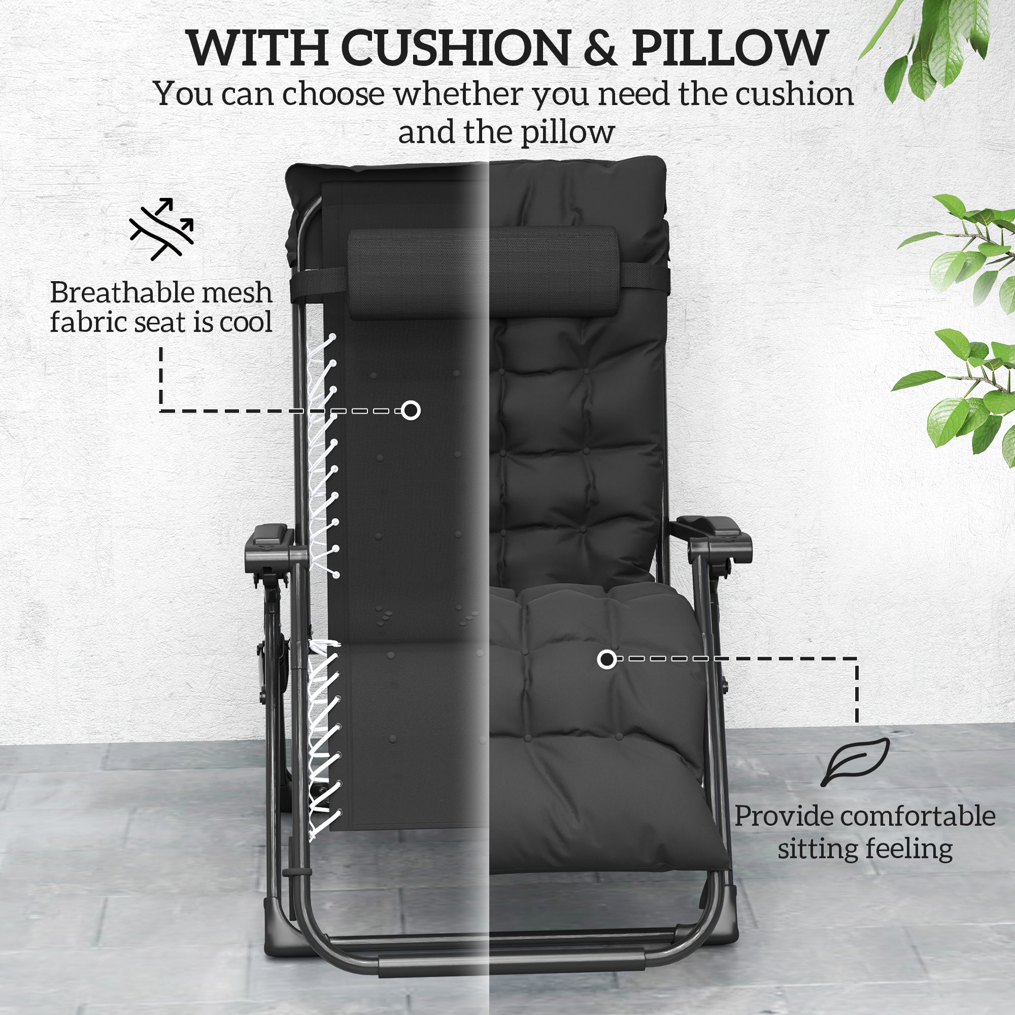 Outsunny Folding Garden Chairs Set of 2, Reclining Zero Gravity Chair, Sun Lounger with Cushion and Headrest, Black 