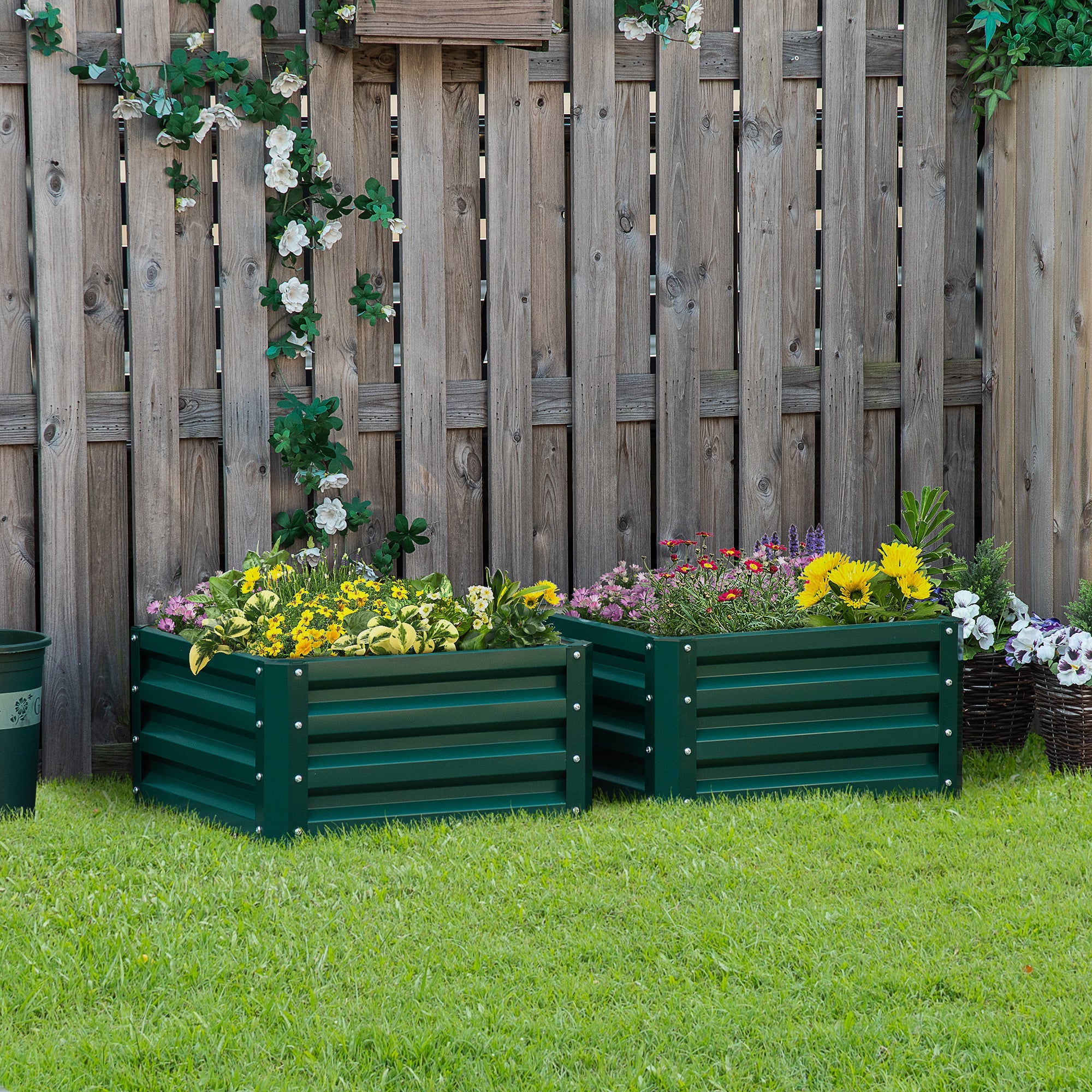 Outsunny 2' x 2' Raised Garden Bed 2-Pieces with Color Steel Frame for Vegetables Flowers Herbs Green 