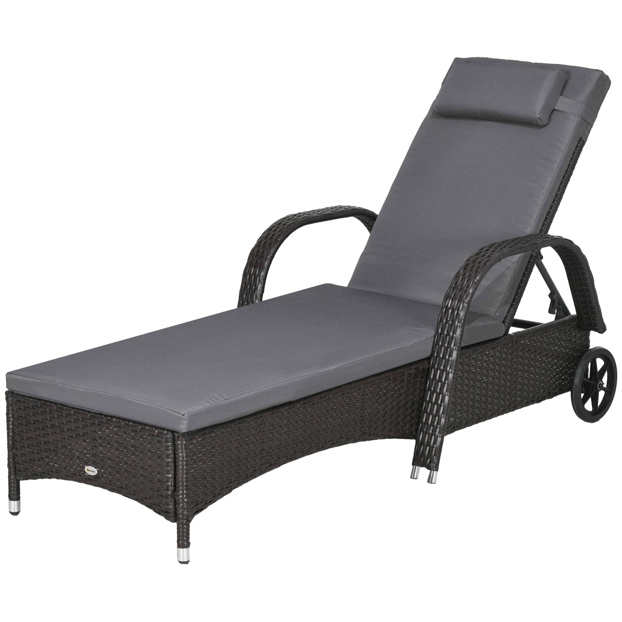 Outsunny Outdoor Lounger Deck Lounge Chair Headrest 5-Level Adjustable Backrest Wheels Deep Coffee Light Grey 
