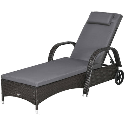 Outsunny Outdoor Lounger Deck Lounge Chair Headrest 5-Level Adjustable Backrest Wheels Deep Coffee Light Grey 