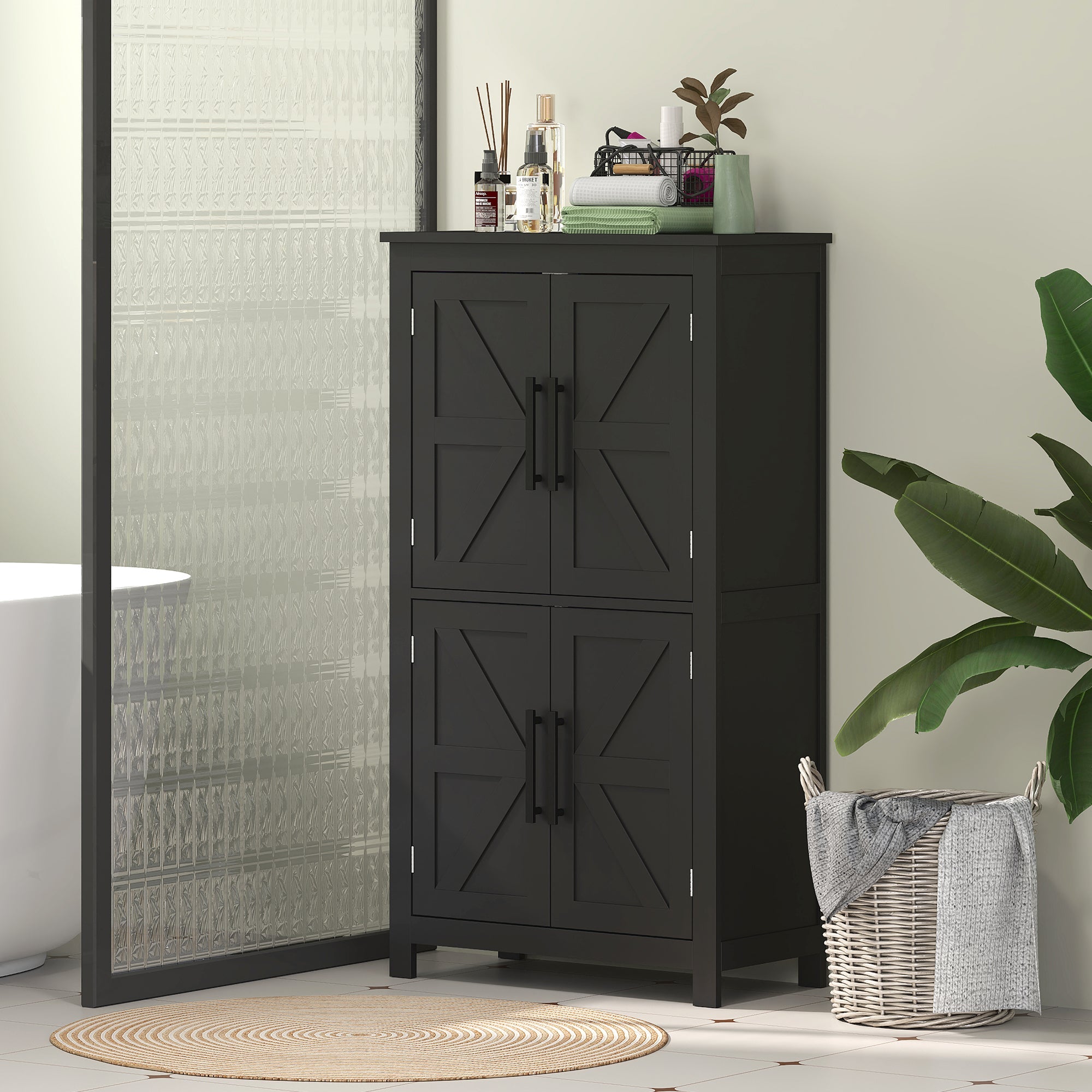 HOMCOM Farmhouse Bathroom Storage Cabinet, Bathroom Floor Cabinet with Barn Doors and Adjustable Shelf, Black 