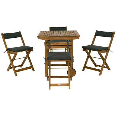 Outsunny 5 Pieces Wood Patio Dining Set, Wheeled Patio Table and Folding Chairs with Cushions for Garden Backyard Poolside, Teak 