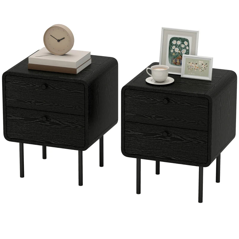 Modern Bedside Tables Set of 2, 2 Pieces Nightstands with 2 Storage Drawers and Steel Legs for Bedroom, Black Wood Grain