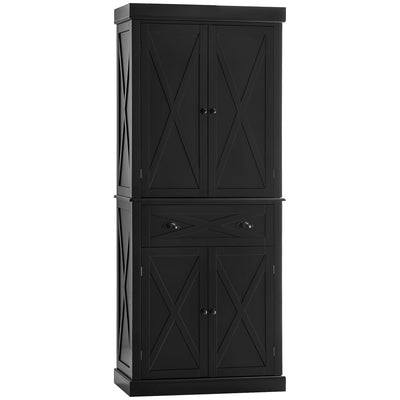 HOMCOM Black Farmhouse Pantry Cabinet: Freestanding 4-Door Kitchen Storage Cabinet Organizer with 6-Tiers, Drawer and 4 Shelves 