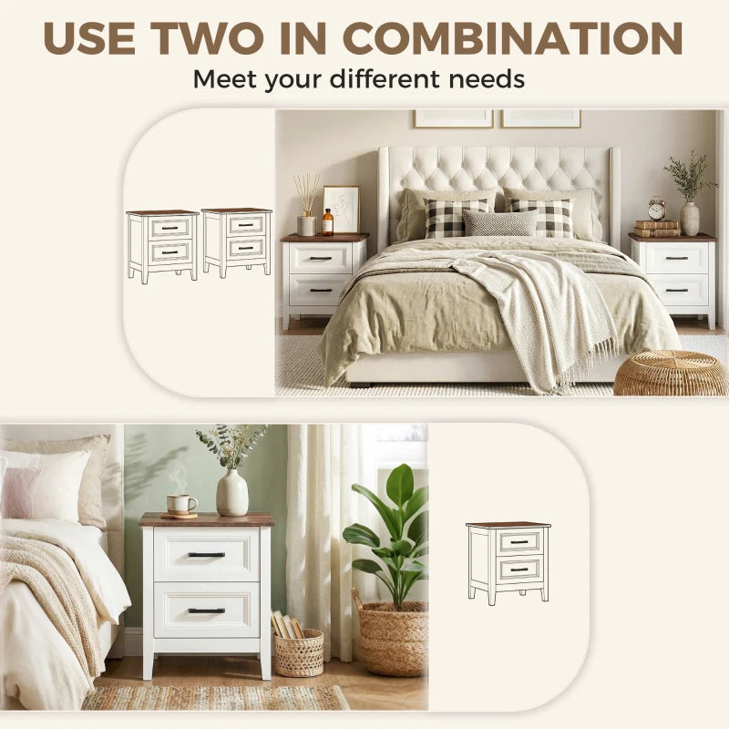 HOMCOM Farmhouse Nightstand Set of 2 with 2 Drawers, Wood-Effect Top Bedside Tables for Bedroom & Living Room – White