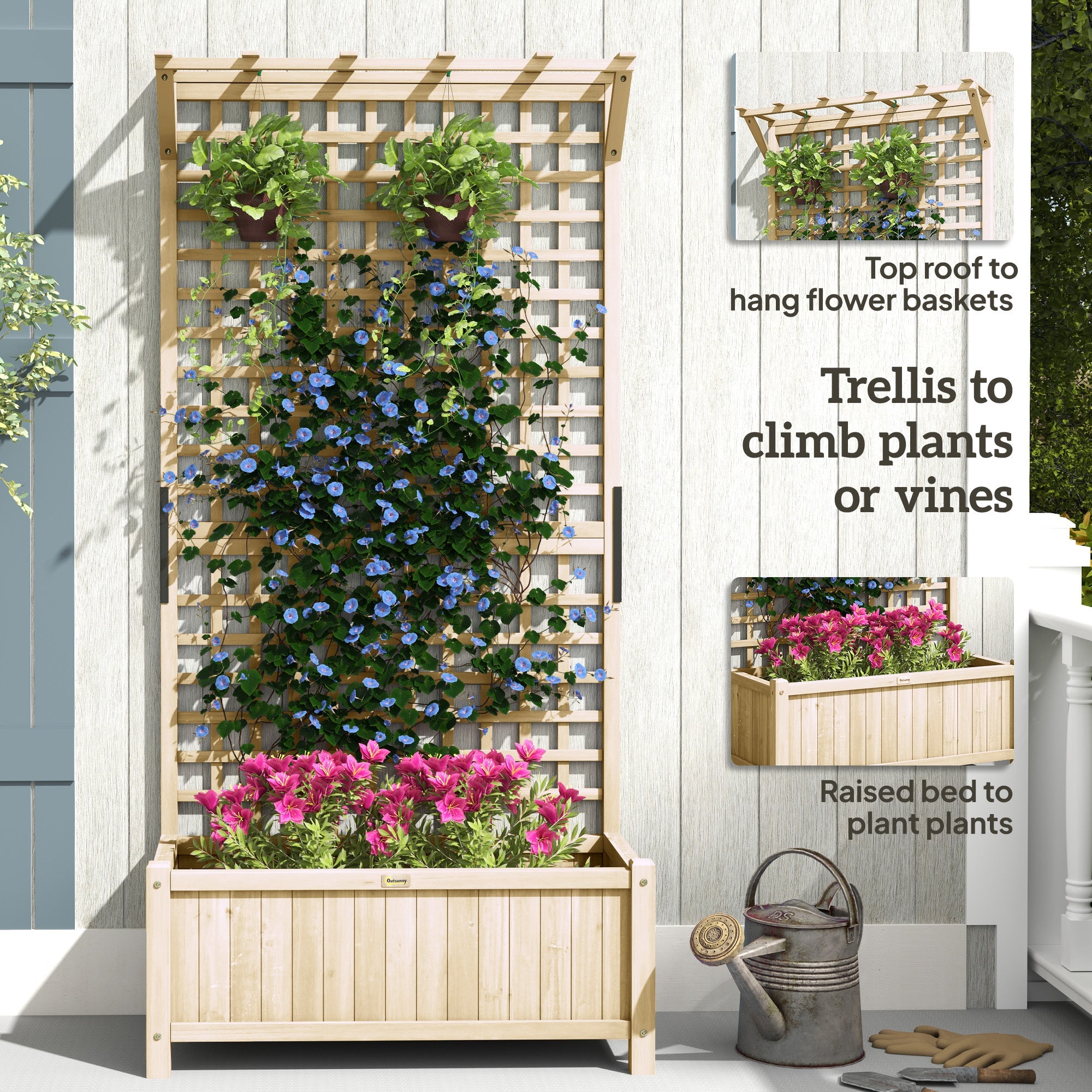 Outsunny Wood Planter with Trellis for Vine Climbing, Raised Garden Bed, Privacy Screen for Backyard, Patio, Deck, Natural Wood 
