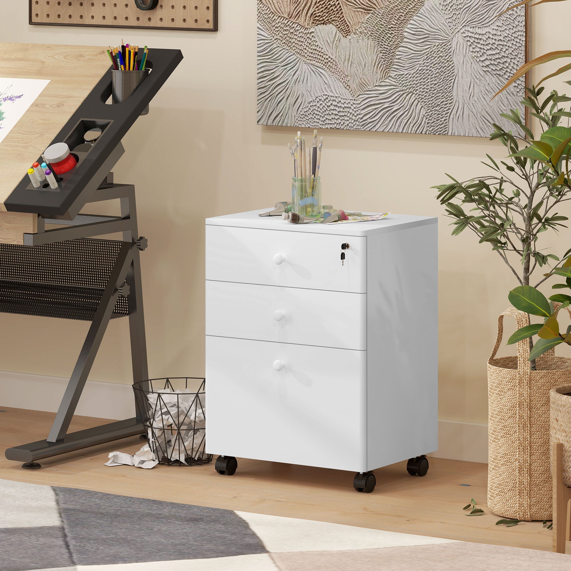 HOMCOM 3-Drawer Small Filing Cabinet with Lock, Vertical Office Storage Cabinet with Wheels for Home Office, White 