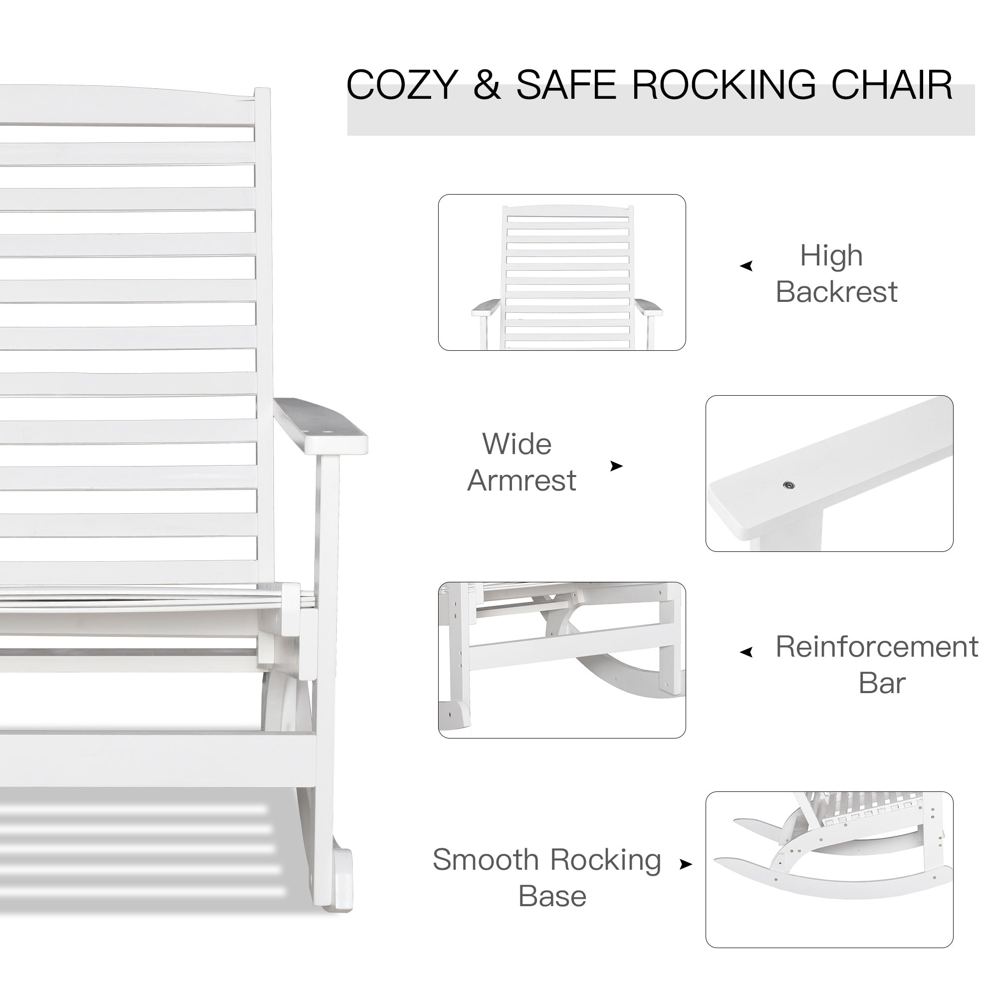 Outsunny Patio Rocking Chair Non-slip Porch Rocker for Balcony Garden Terrace Bamboo White 