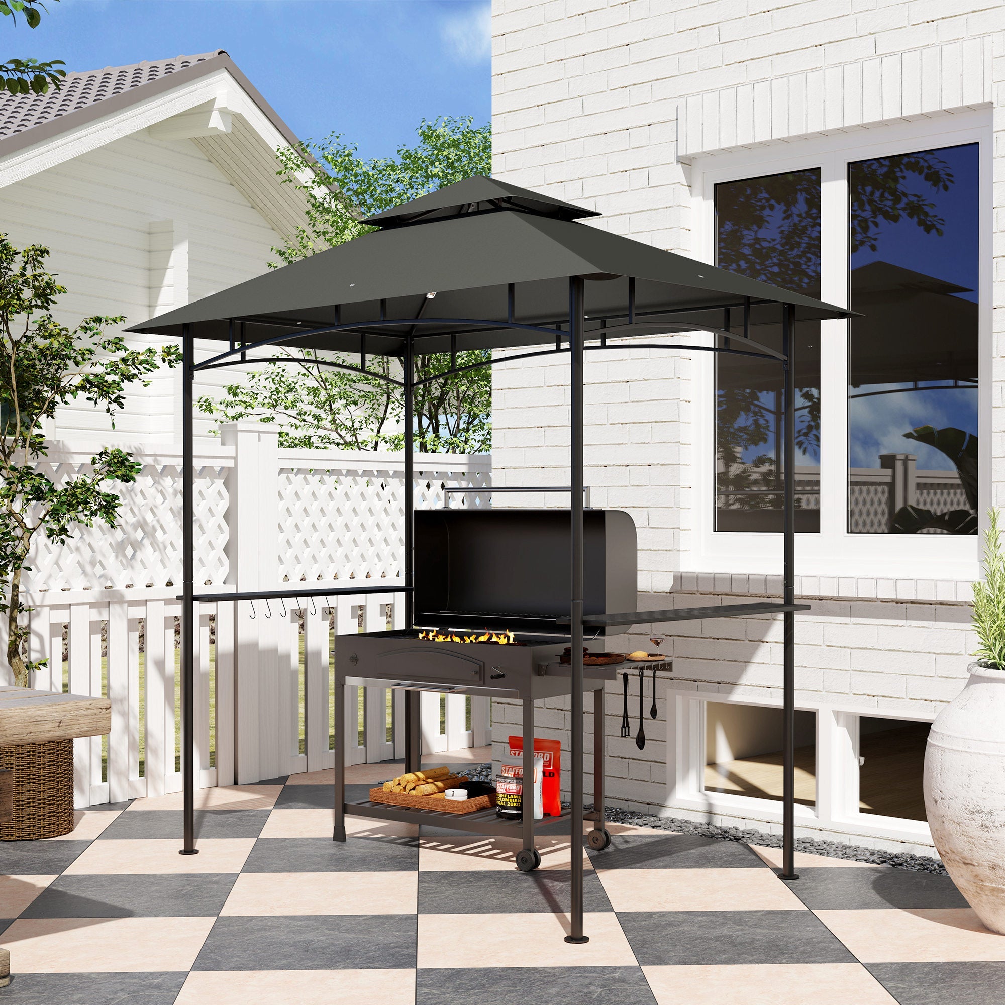 Outsunny 8' x 5' Outdoor Grill Gazebo, Double Tiered Barbecue Grill Gazebo Shelter with 2 Side Shelves, Hooks, Dark Grey 
