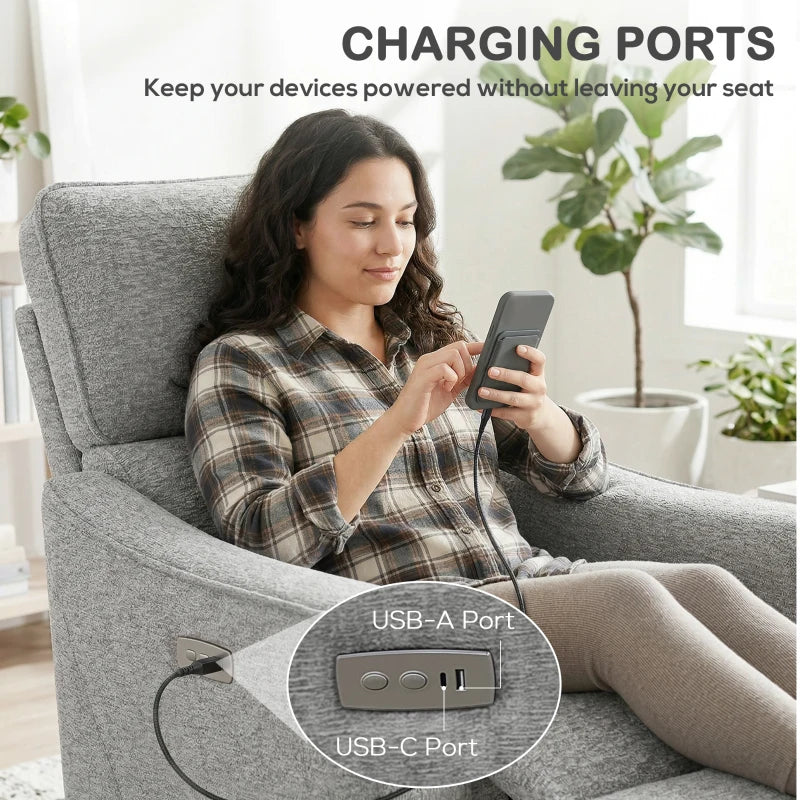Power Recliner Chair, Linen-look Fabric Upholstered Recliner Chair with USB Ports, Footrest, Grey