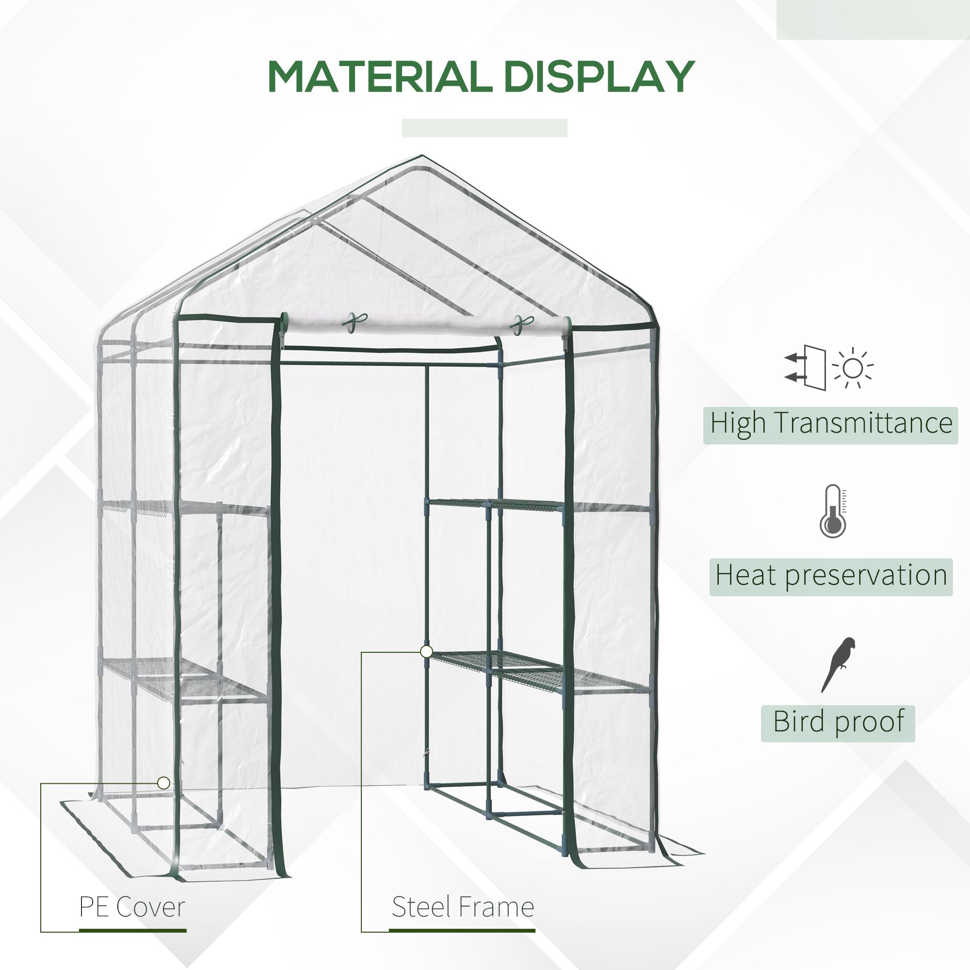 Outsunny 4.7'x4.7'x6.4' Walk-in Greenhouse Kit for Plants Portable Garden Green House Grow Tent Shelving Transparent PVC Cover 