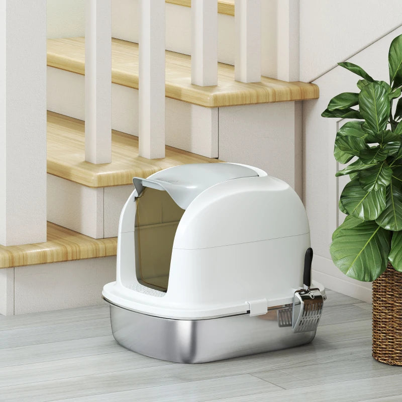Large Stainless Steel Cat Litter Box with Lid, Enclosed Cat Litter Box with Flip Cover, Scoop