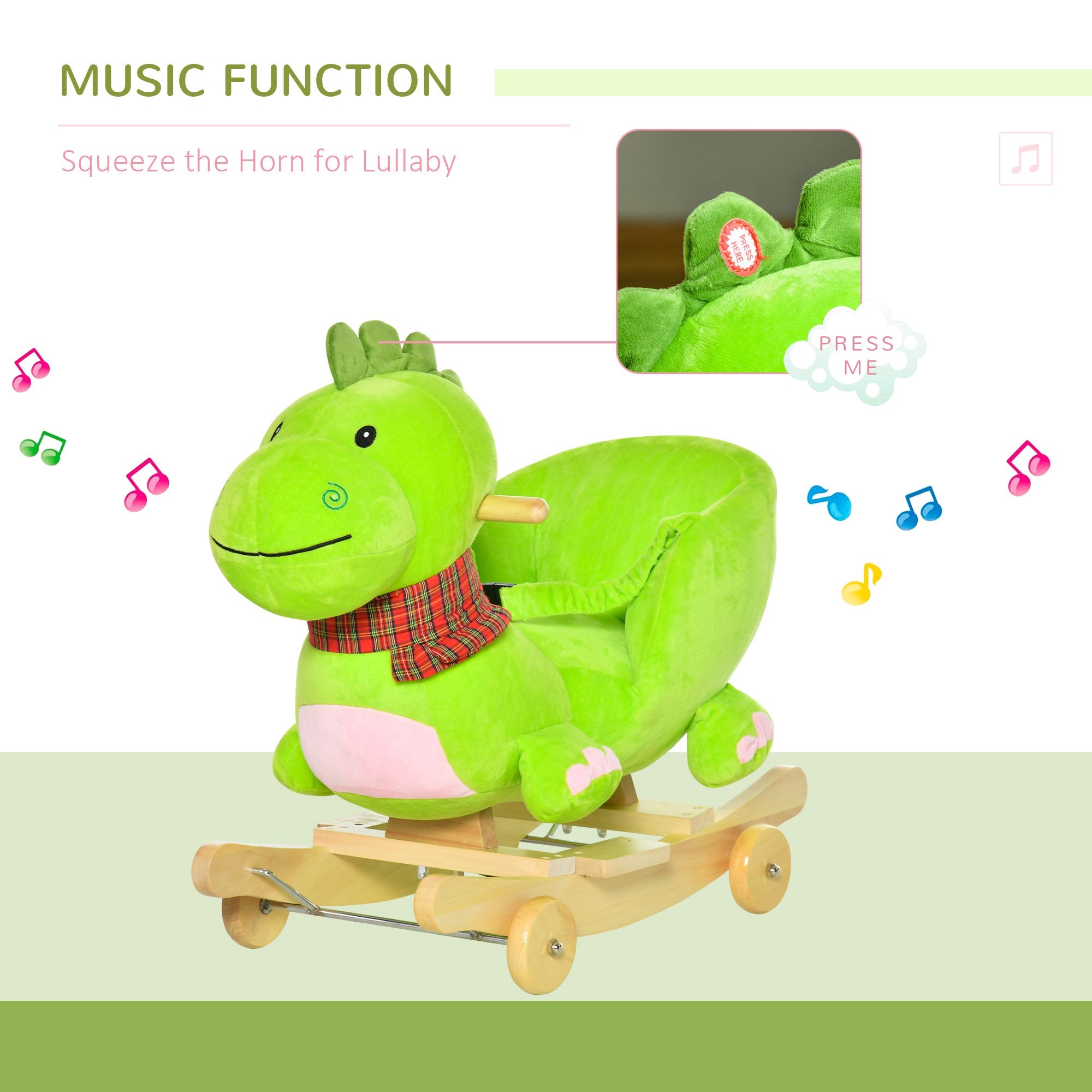 Qaba 2-in-1 Plush Ride-On Rocking Dinosaur Stroller with Nursery Rhymes Green for 18+ Months 