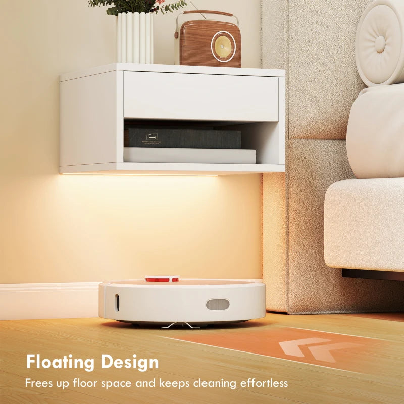 Floating Bedside Table Set of 2 with RGB LED Lights, App-Controlled Wall Mounted Nightstands with Drawer & Open Shelf, White