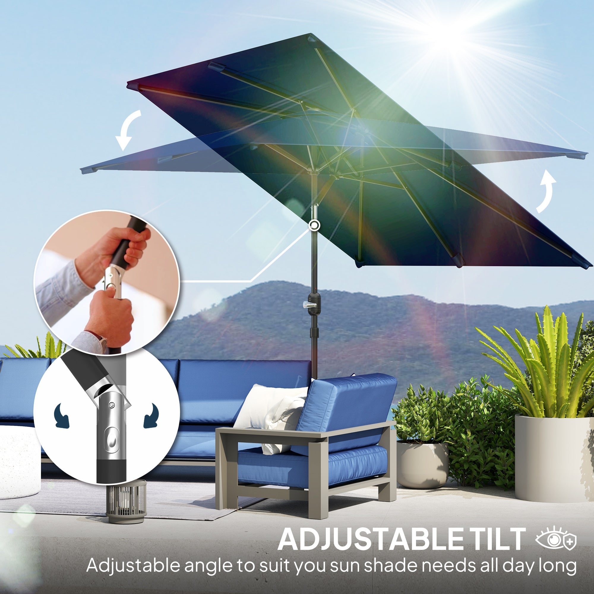Outsunny 6.5x9.6ft Rectangle Aluminum Tilt Patio Umbrella, Garden Market Parasol, Outdoor Sunshade Canopy with Crank, Navy Blue 