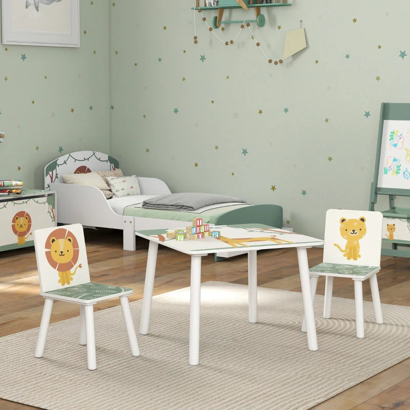 Qaba 3-Piece Kids Table and Chair Set with Animal Pattern for Boys and Girls Aged 3-8, Bedroom, Nursery, Playroom, Green