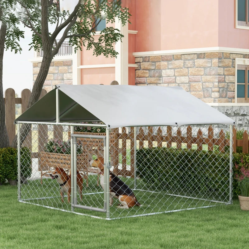 6.6' x 6.6' x 4.9' Outdoor Dog Kennel Heavy Duty Galvanized Steel Chain Link with UV-resistant Roof, Silver