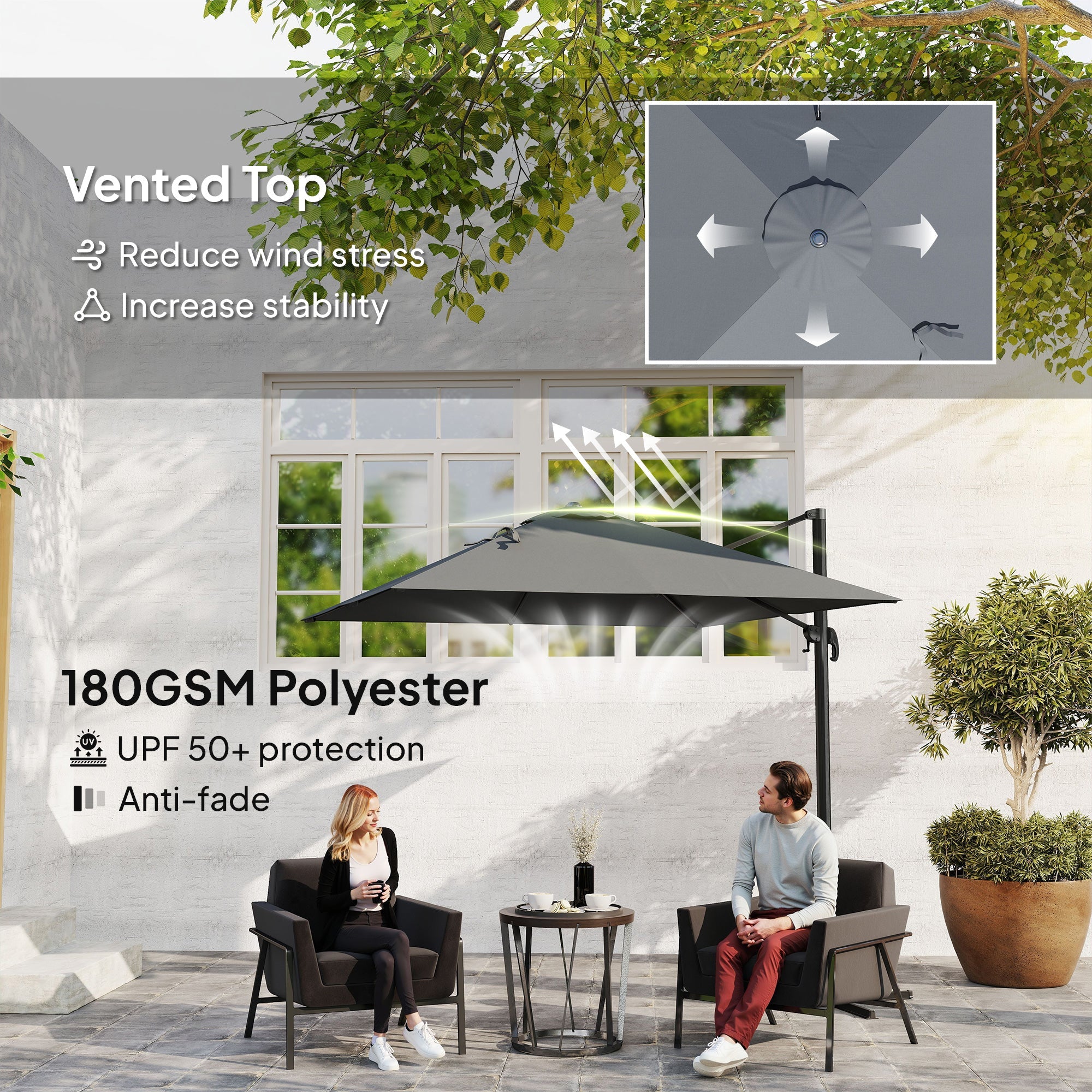 Outsunny 8 FT Aluminium Cantilever Patio Umbrella with 360° Rotation, Cross Base, Crank and Tilt for Garden, Patio, Dark Grey 