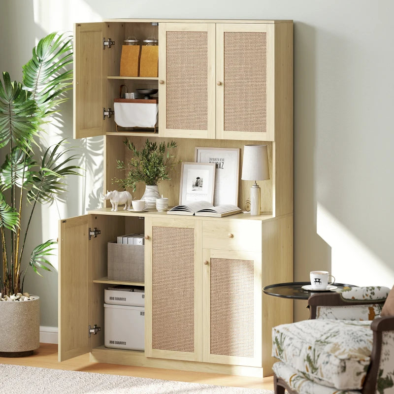 Kitchen Hutch with Microwave Countertop, 71" Boho Kitchen Pantry Cabinet with Decorative Rattan Doors, Natural