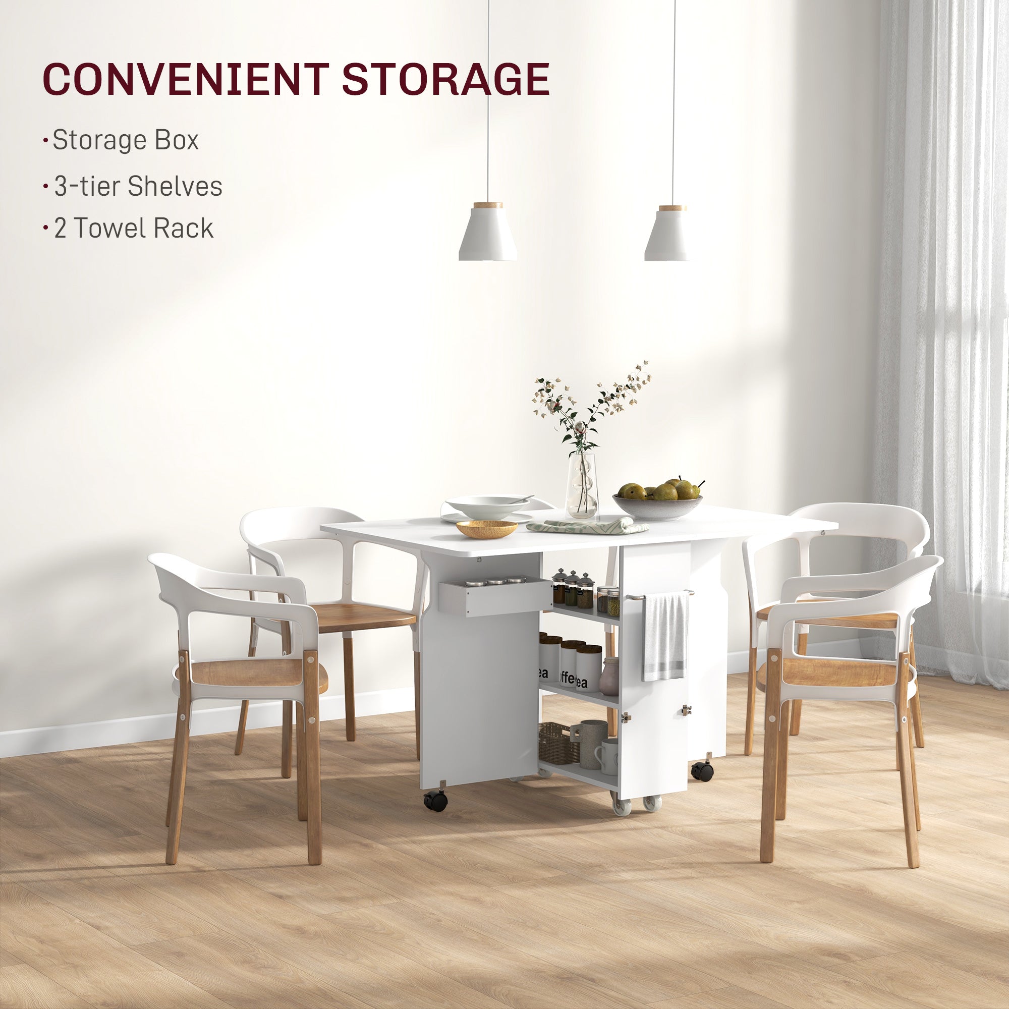 HOMCOM Folding Dining Table with Storage, Drop Leaf Kitchen Table on Wheels with Box, Shelves and Towel Racks, White 