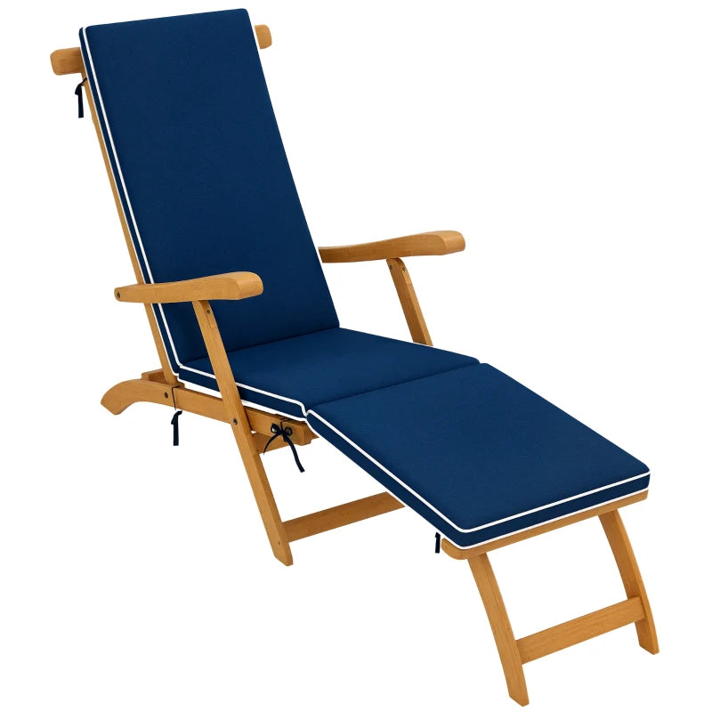 Folding Patio Lounge Chair with Padded Cushion, Acacia Wood Patio Lounger Recliner with Footrest for Garden, Navy Blue