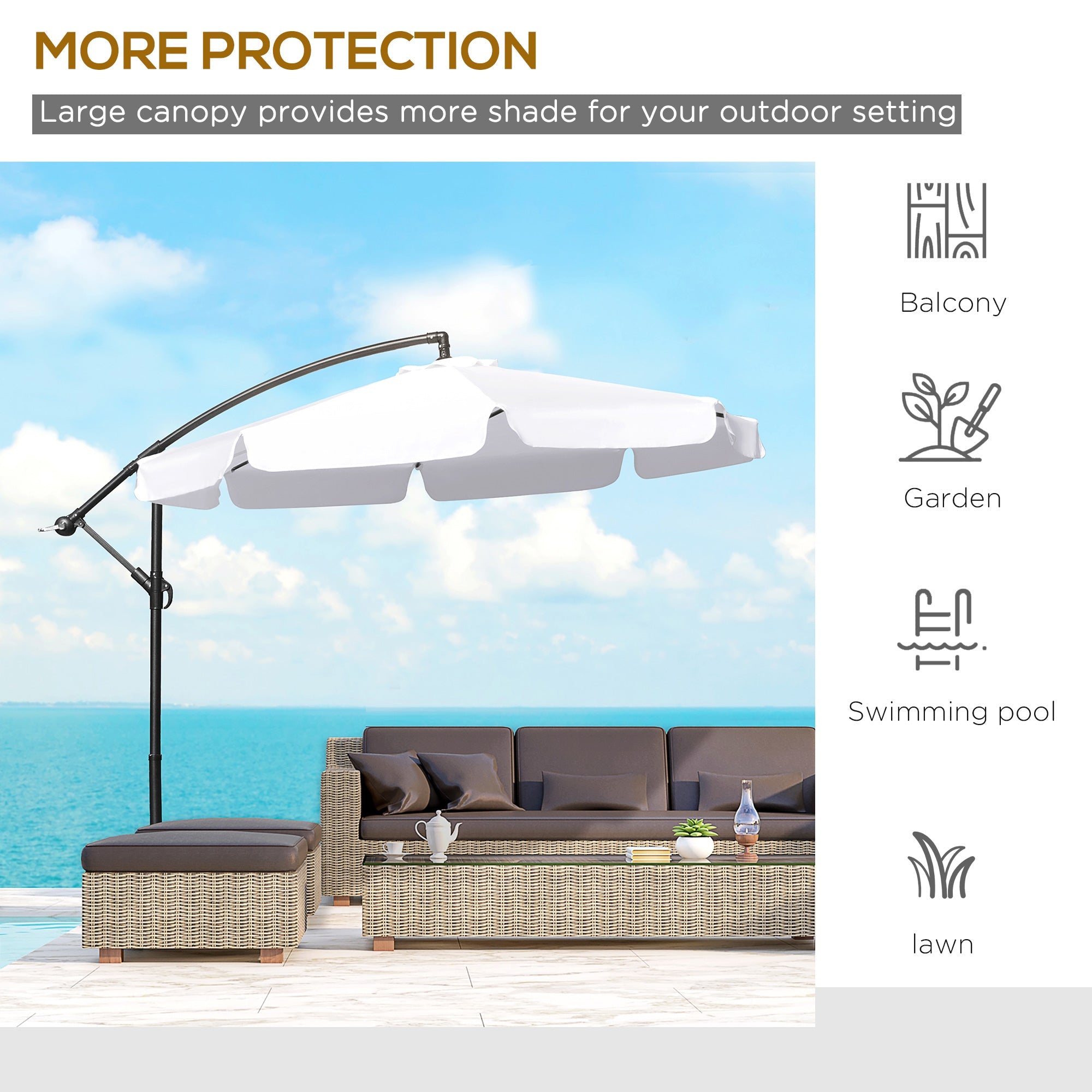 Outsunny 9FT Offset Cantilever Patio Umbrella: White Easy Tilt Cross Base 8 Ribs Durable Outdoor Shade 