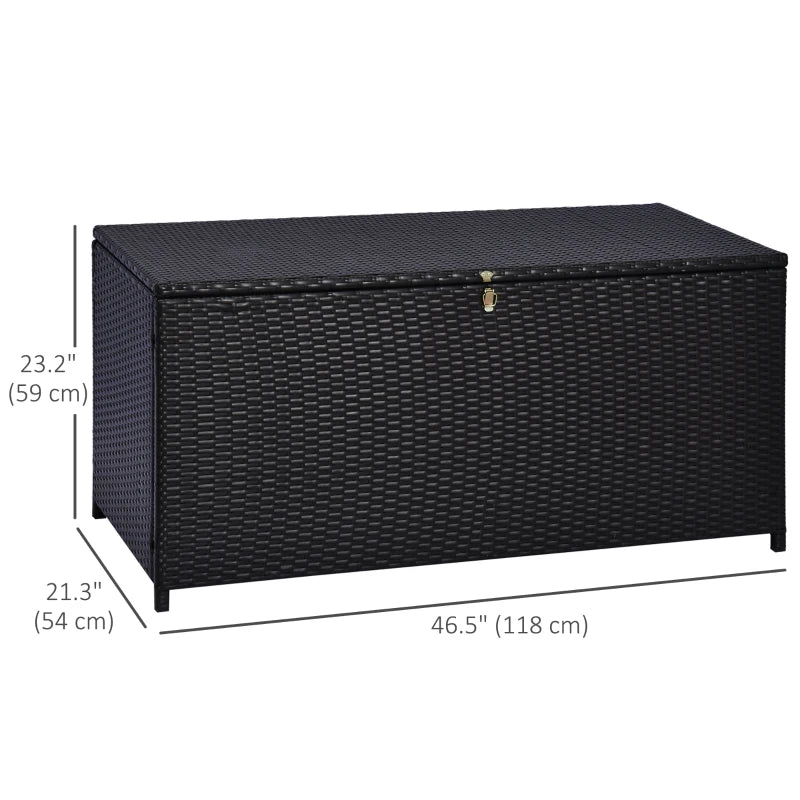 Wicker Outdoor Storage Box, 75 Gallon Deck Box with Gas Strut and Clamp Lid, Rattan Patio Storage Container for Gardening Tools, Pool Supplies, Dark Brown