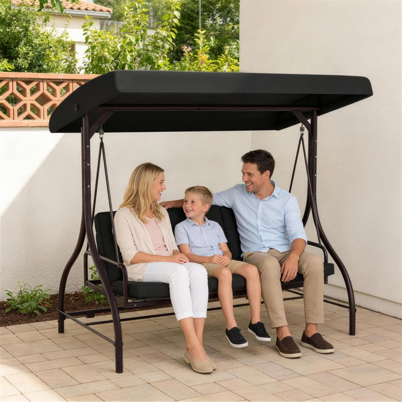 Convertible Patio Swing Bed with Canopy and Cushions, 3 Seater Porch Swing for Outdoor, Backyard, Garden, Black