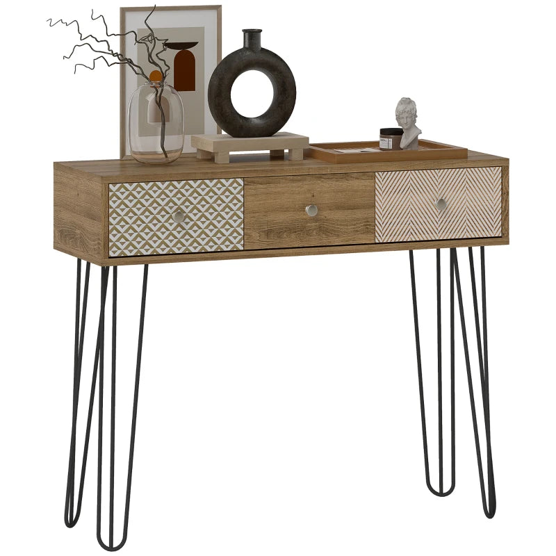 Narrow Console Table with Drawers, 35" Entryway Table with Hairpin Legs for Hallway, Foyer, Living Room, Brown