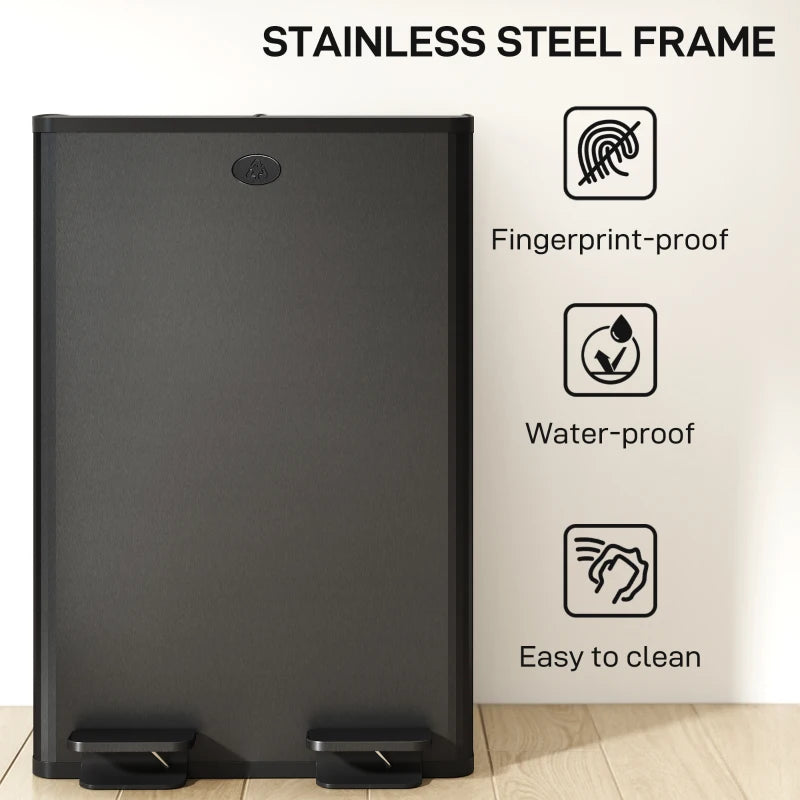 Dual Garbage Bin, Soft-Close Trash Can with Foot Pedal, 2 x 28 Liter Garbage Can with Removable Inner Buckets, Black
