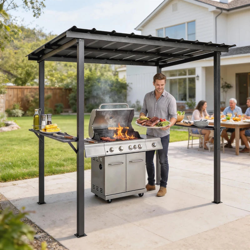 9' x 6' Hardtop Grill Gazebo, BBQ Gazebo with 2 Side Shelves and Galvanized Metal Slope Roof, Black