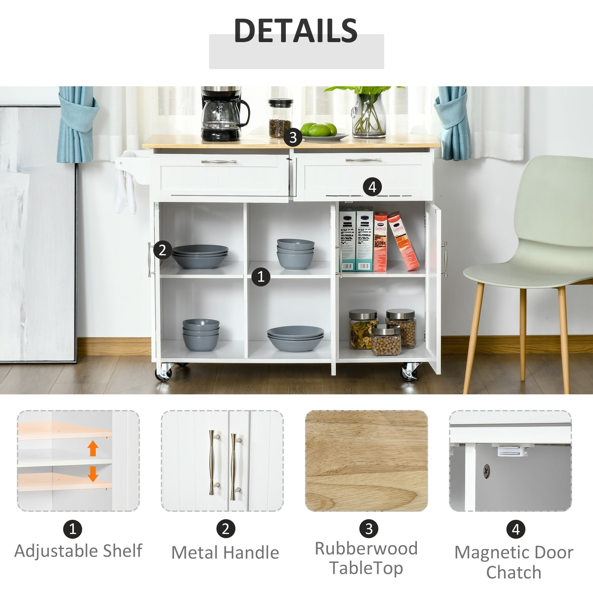 HOMCOM Kitchen Serving Cart: Island, Utility Storage, Drawers, Cabinets, Dining Room, White 