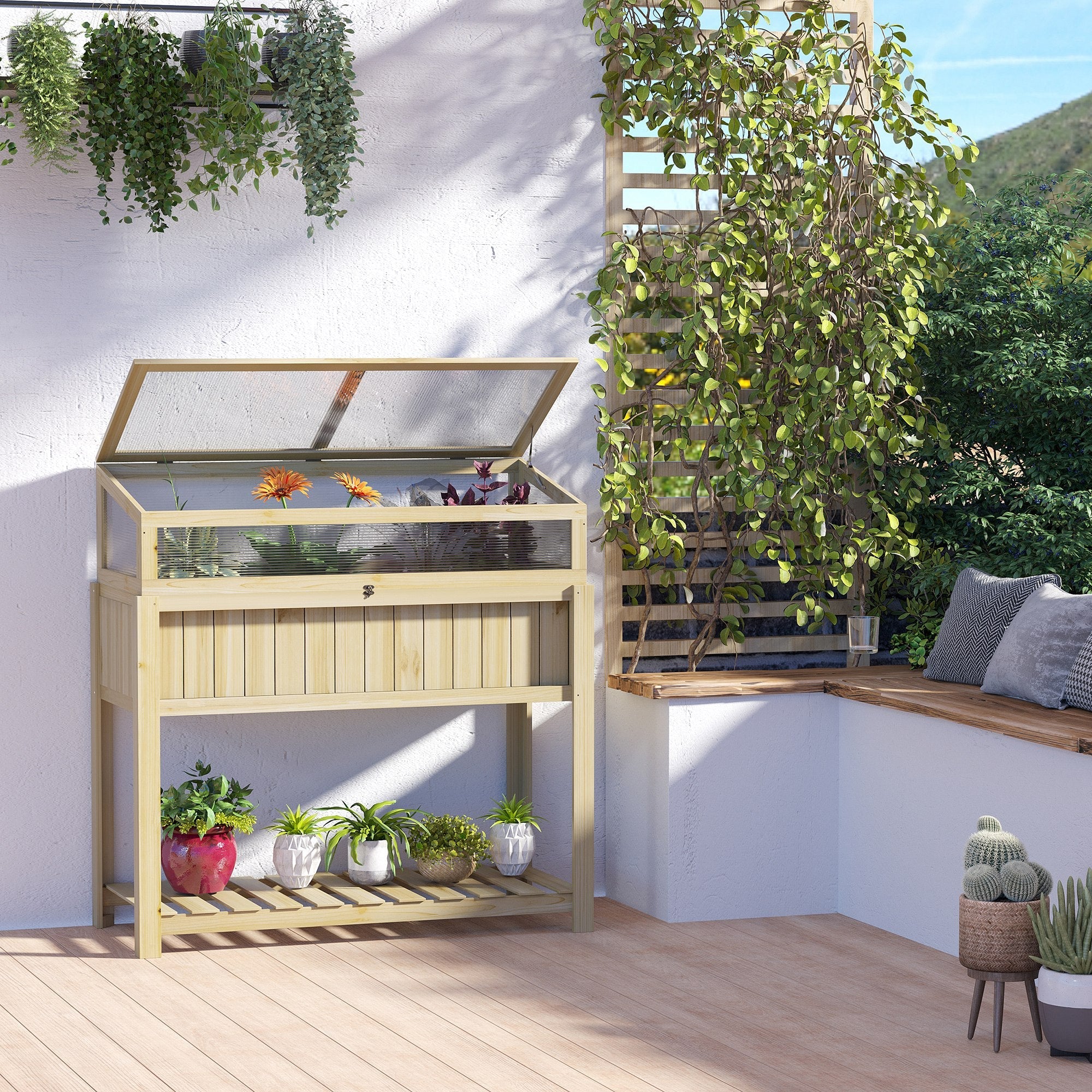 Outsunny Outdoor Raised Garden Bed with Cold Frame Greenhouse Storage Shelf Wooden PVC Elevated Planter Box Natural 