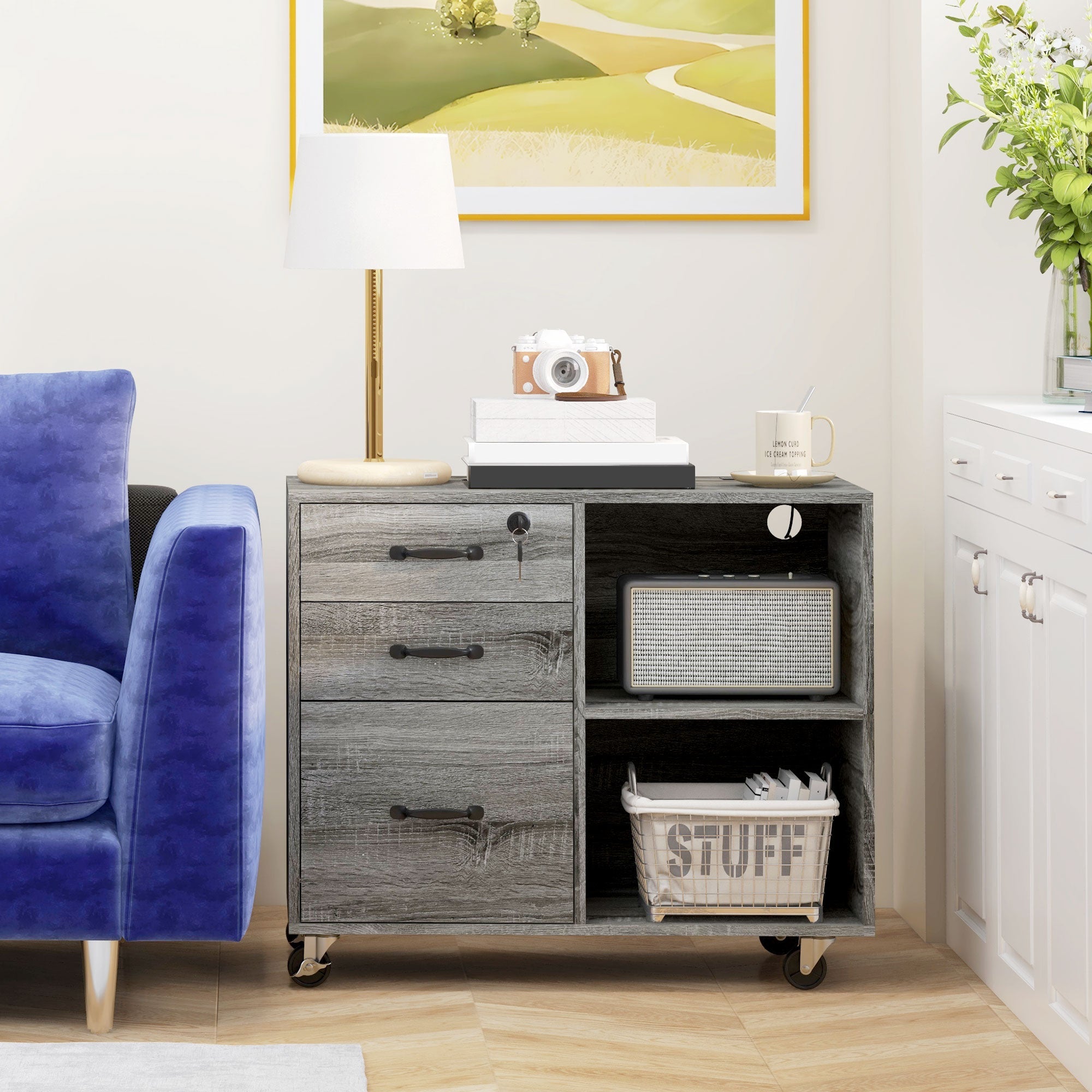 HOMCOM Mobile Printer Stand: USB Charging, Locking Cabinet for A4/Letter Size, Grey 