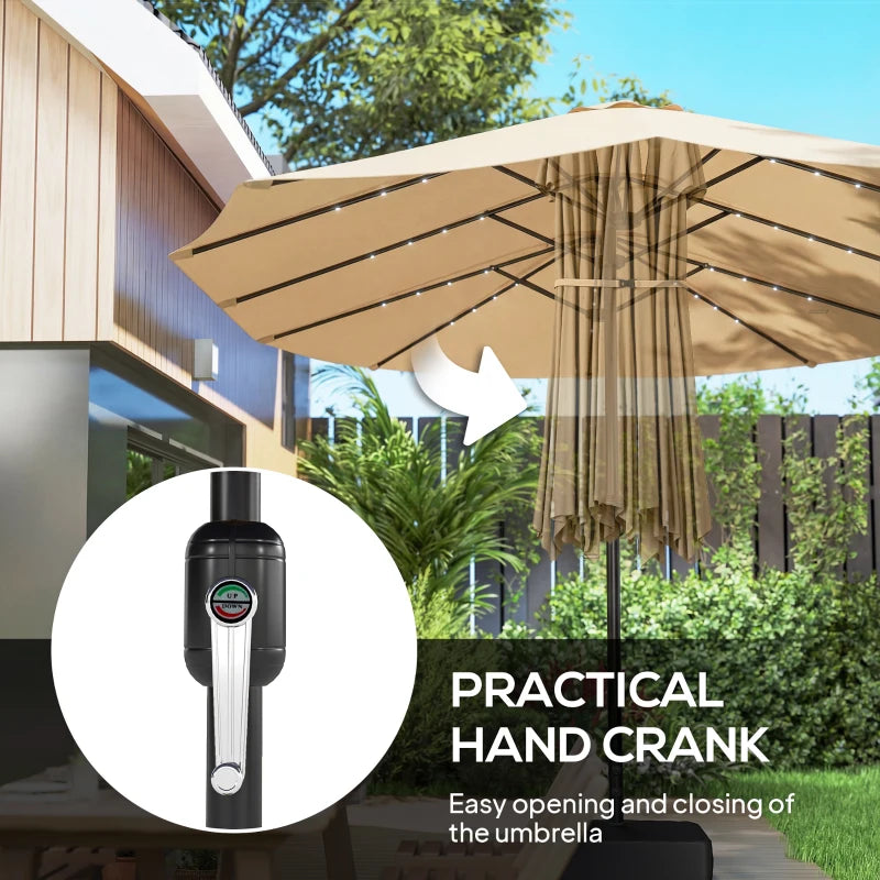 Double-sided Patio Umbrella with Base Included & 48 LED Lights 15ft Khaki
