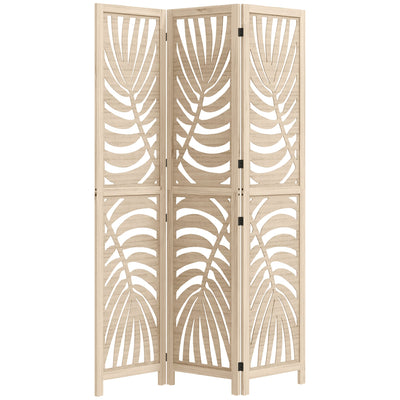 HOMCOM 3 Panel Room Divider, Detachable Folding Privacy Screens with Palm Leaf Design for Home Office, Natural Wood Finish 