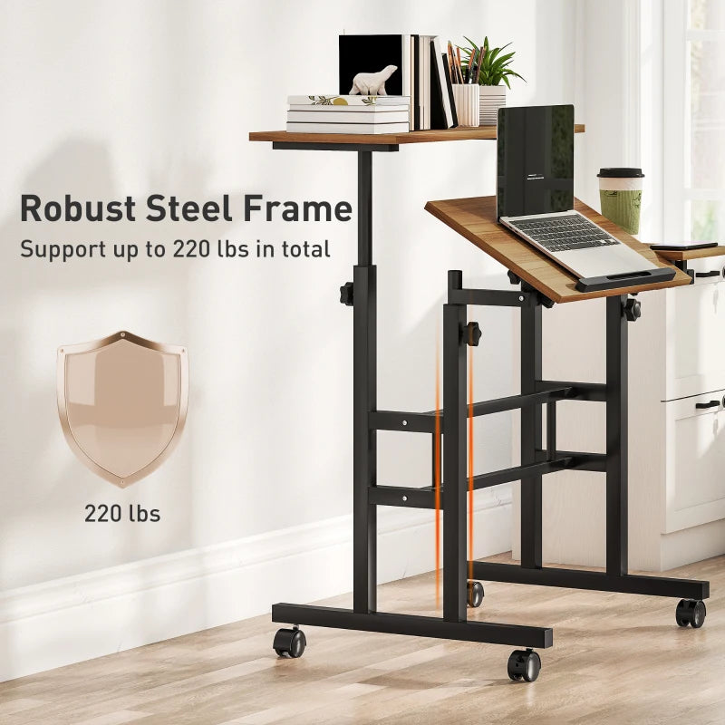 Mobile Stand Up Desk, Height & Angle Adjustable Computer Desk with Wheels for Standing or Sitting, Laptop Desk, Brown