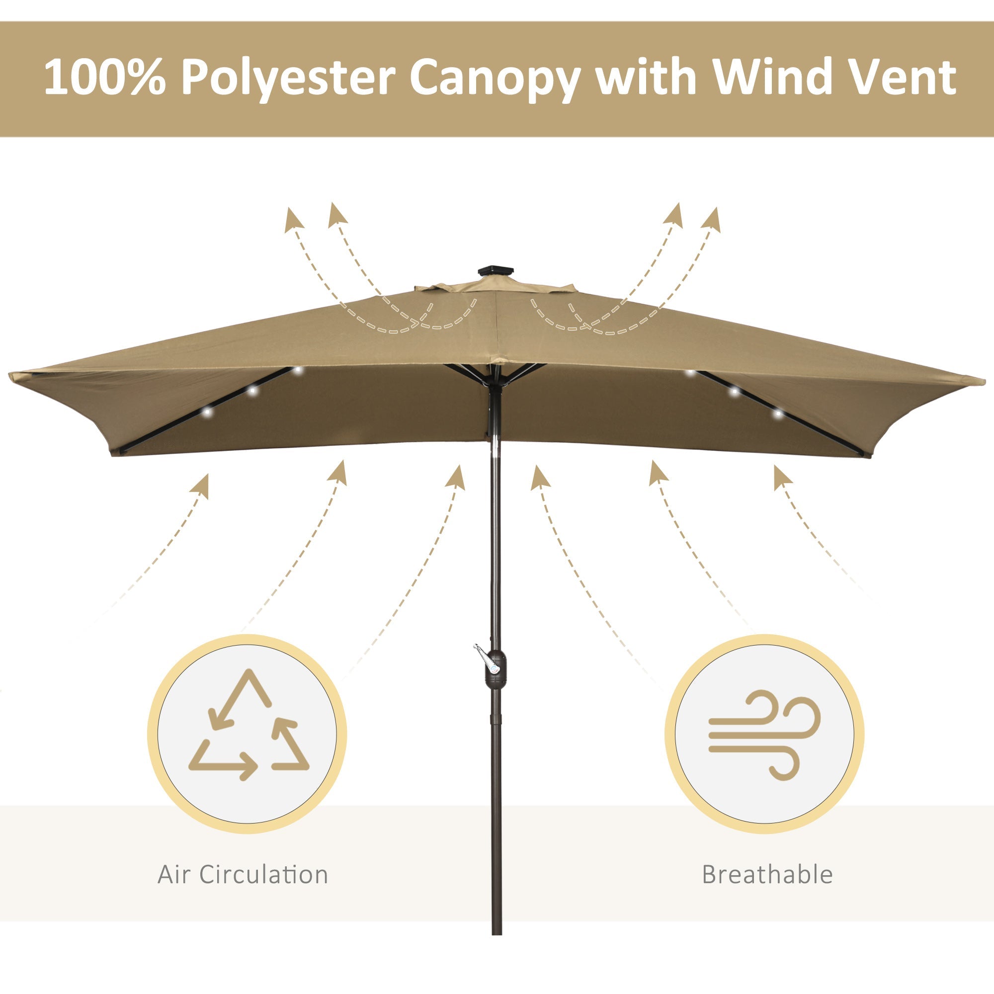 Outsunny Patio Umbrella 6.5x10ft Rectangle Solar LED Outdoor Parasol Aluminum Tilt Market Umbrella Light Coffee 