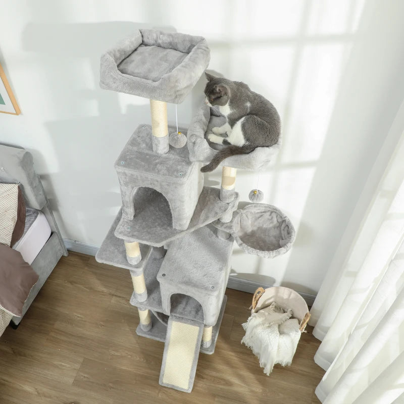 Cat Tree, 70" Multi-Level Cat Tower with 2 Condos, 2 Beds, Hammock, Toy Balls, Scratching Posts and Board, Light Grey