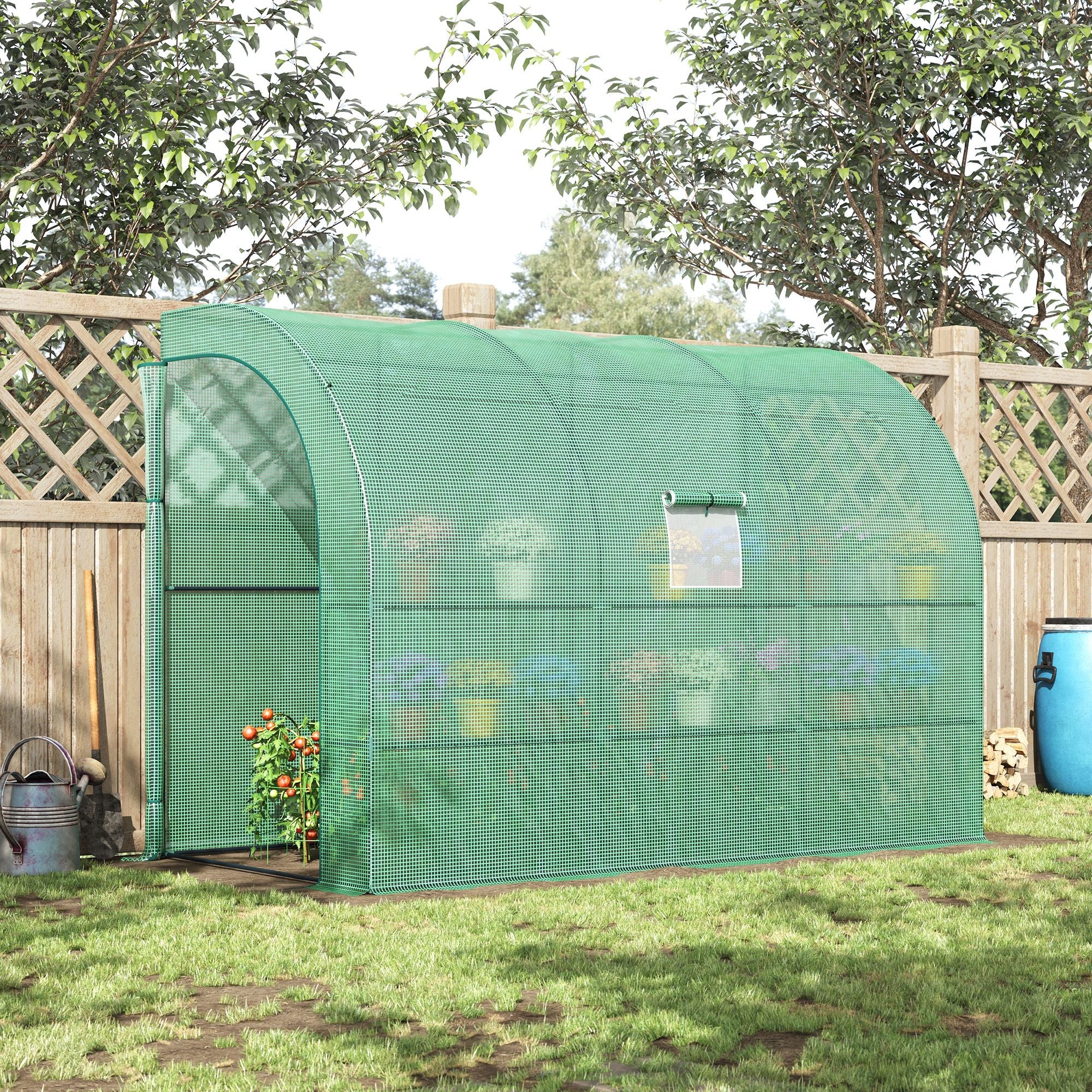 Outsunny Walk-in Wall Lean-to Greenhouse, 10' x 5' x 7' Outdoor Gardening Green House with PE Cover, Windows, Shelves and 2 Zipper Doors, Green 