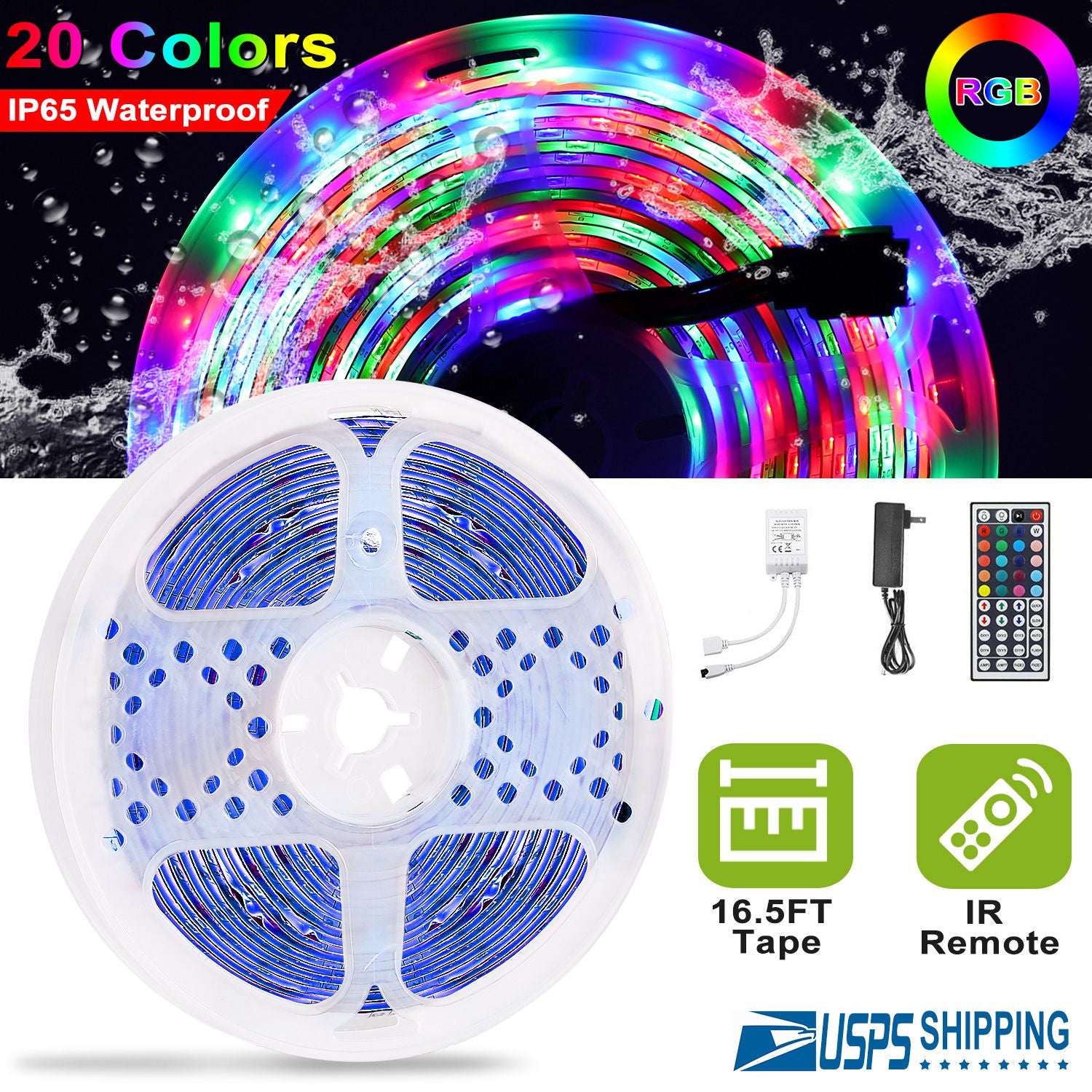 300 LEDs Strip Lights 5M/16.5ft 20 Colors RGB LED Strip IP65 Waterproof w/ Remote