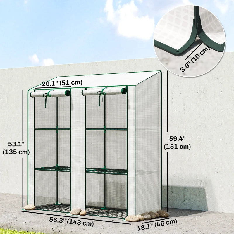 Portable Mini Greenhouse Green House with 3 Tier Shelves, Reinforced PE Cover, Roll-up Doors, 56.3"x18.1"x59.4", White