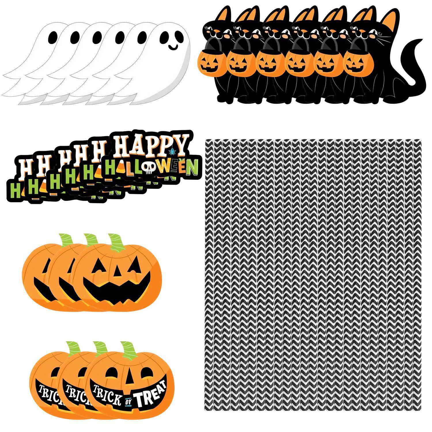 Set Of 25Pcs Halloween Party Striped Decorative Straws Disposable Drinking Straws Paper Straw Decor Happy Halloween Ghost Lantern Black Cat Halloween Party Supplies 