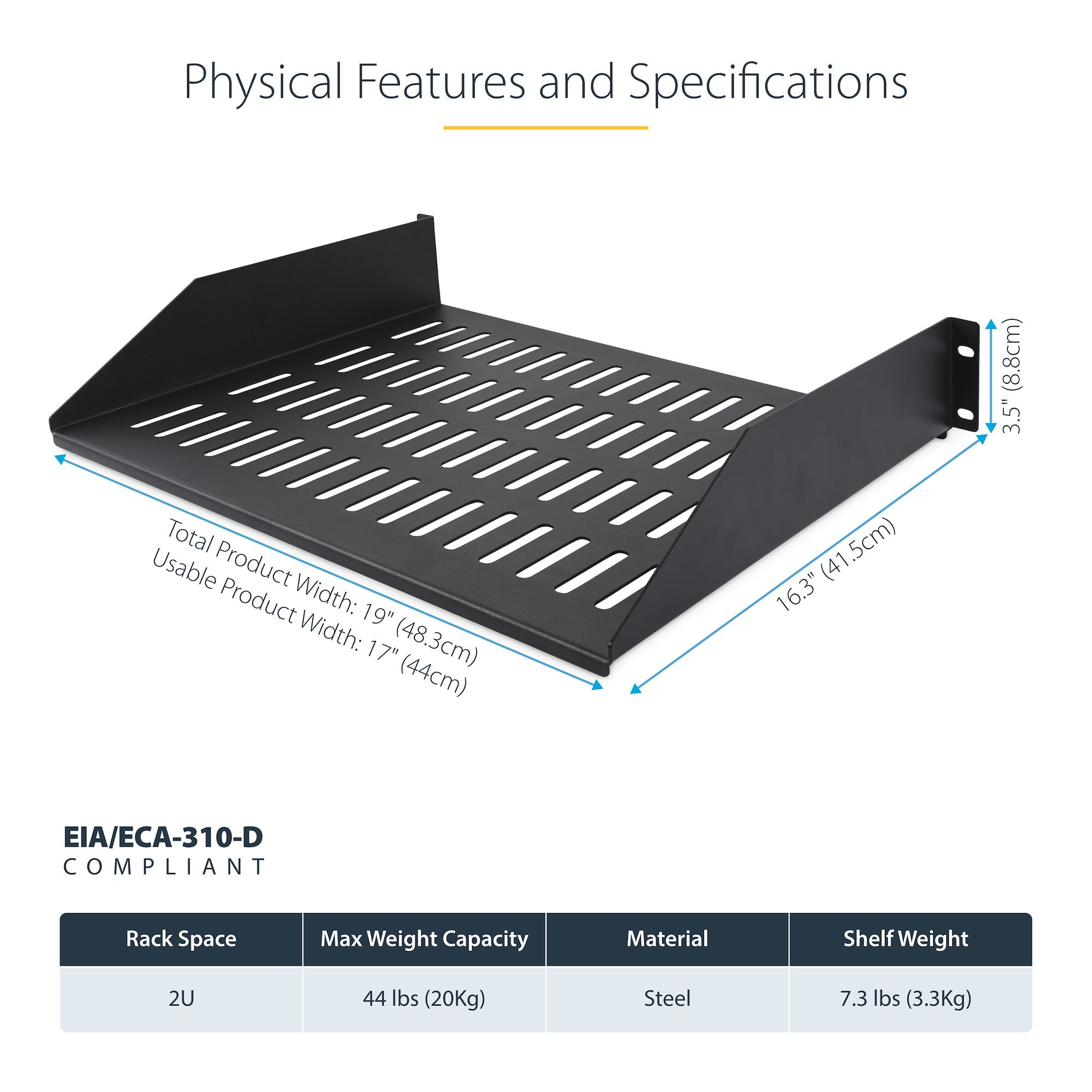 2U Vented Server Rack Shelf, 16in (41.5cm) Mounting Depth, Cantilever Tray For 19" Rack/Cabinet, SPCC Steel, Max 44lb/20kg, Includes Cage Nuts/Screws 