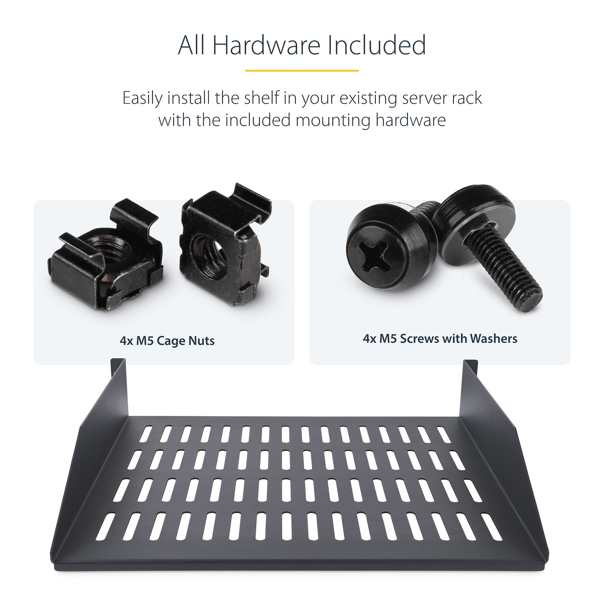 2U Vented Server Rack Shelf, 16in (41.5cm) Mounting Depth, Cantilever Tray For 19" Rack/Cabinet, SPCC Steel, Max 44lb/20kg, Includes Cage Nuts/Screws 
