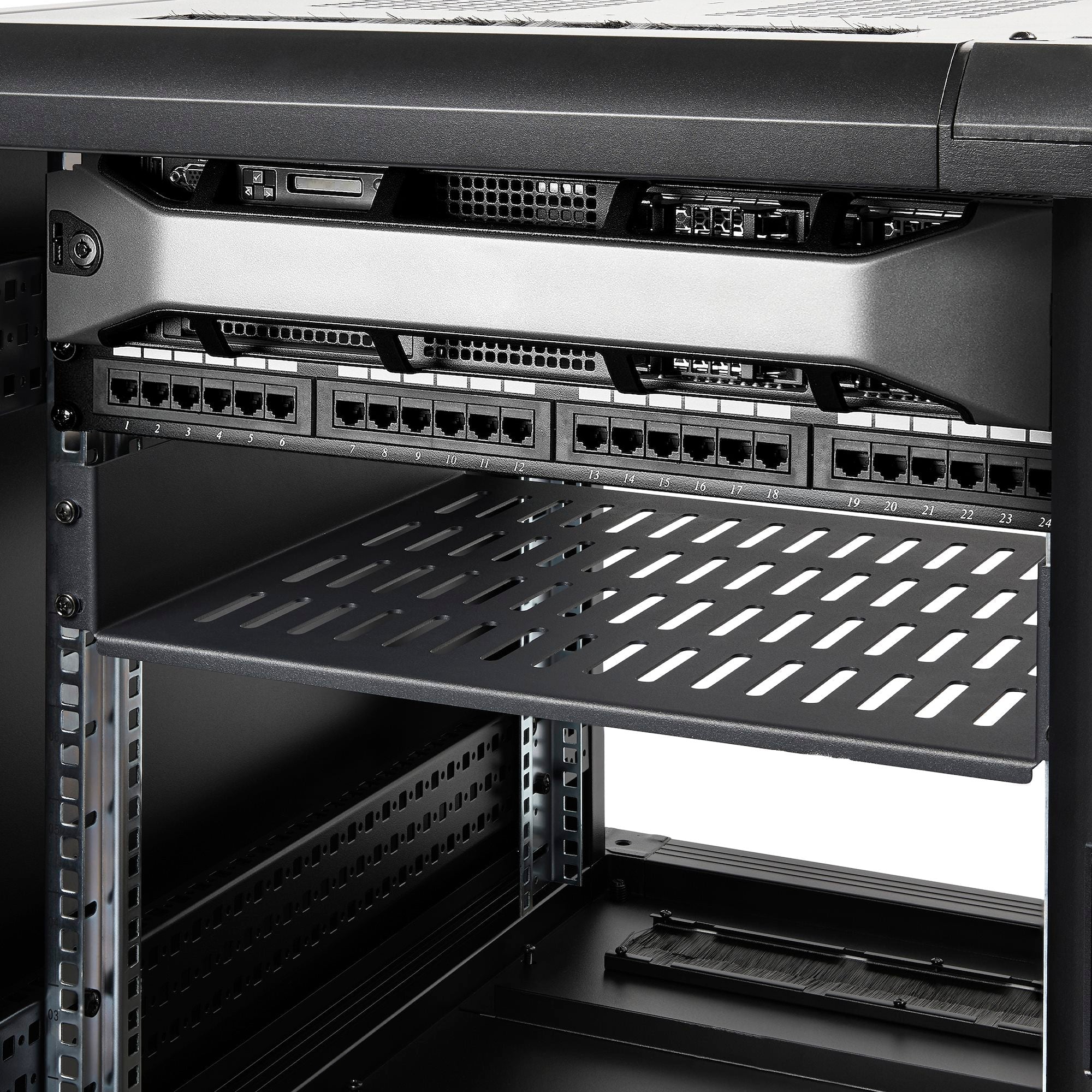 2U Vented Server Rack Shelf, 16in (41.5cm) Mounting Depth, Cantilever Tray For 19" Rack/Cabinet, SPCC Steel, Max 44lb/20kg, Includes Cage Nuts/Screws 